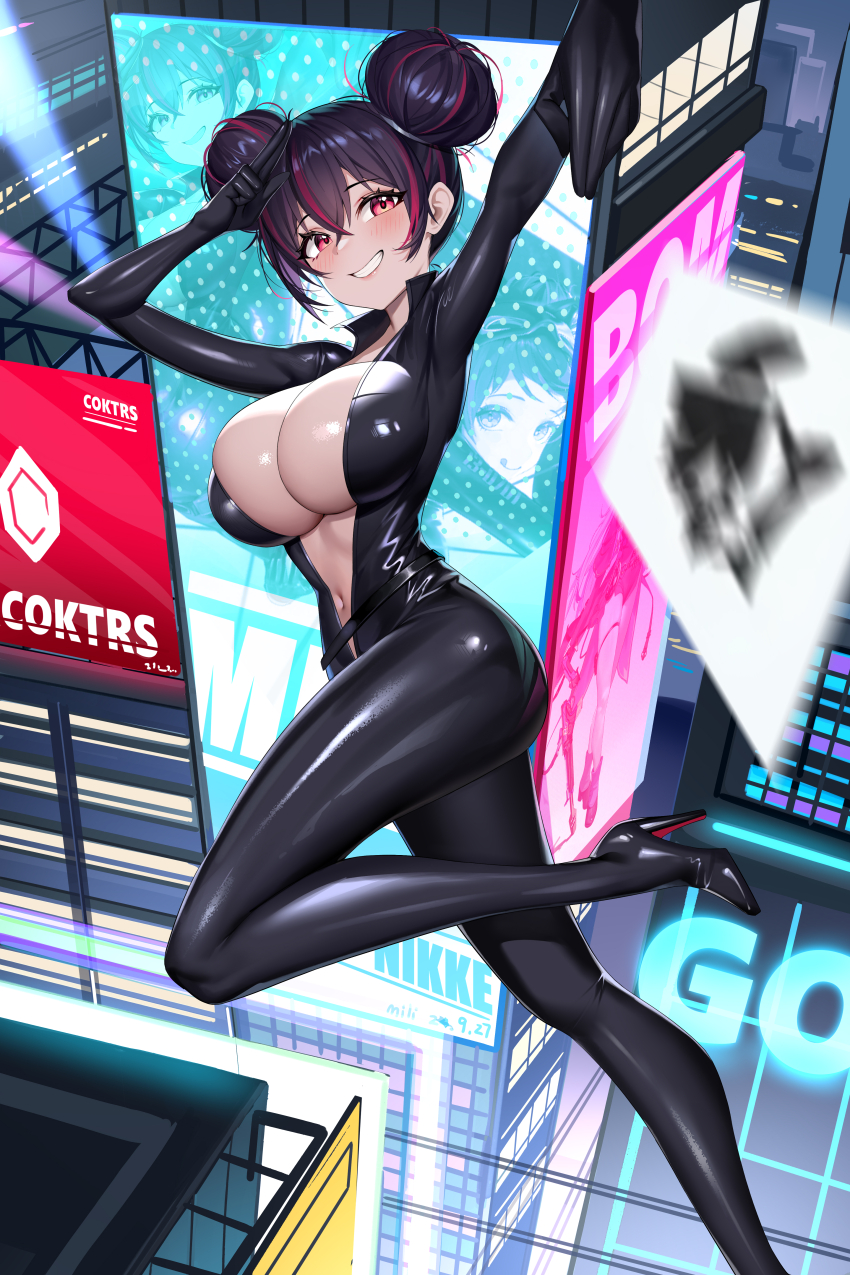 1girl absurdres artist_name billboard black_bodysuit black_footwear black_hair blurry blurry_foreground bodysuit breasts building card_throwing chinese_commentary cleavage clenched_teeth copyright_name crossed_bangs dated dot_nose double-parted_bangs double_bun full_body gaosu_gong_lu goddess_of_victory:_nikke grin hair_bun hair_ornament hair_tie high_heels highres impossible_bodysuit impossible_clothes knee_up large_breasts latex latex_bodysuit looking_at_viewer midair multicolored_hair navel neon_lights night open_bodysuit open_clothes outdoors quency_(escape_queen)_(nikke) quency_(nikke) red_eyes red_hair salute smile solo teeth two-tone_hair