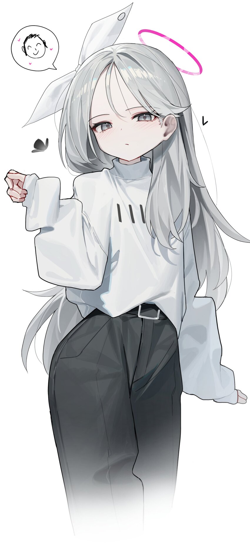 1boy 1girl absurdres arms_at_sides ass belt black_pantyhose blue_archive bow doodle_sensei_(blue_archive) dress_pants forehead grey_eyes grey_hair hair_bow hair_over_shoulder halo heart highres huu_(dighapdlxm12) long_hair looking_at_viewer oversized_clothes pantyhose parted_bangs pink_halo plana_(blue_archive) sensei_(blue_archive) simple_background sleeves_past_wrists solo_focus spoken_heart sweater white_background