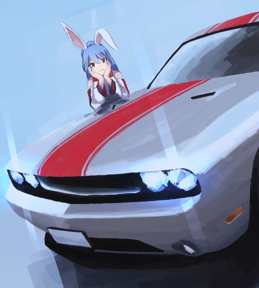 1girl animal_ears apollos_ars blue_background blue_hair car closed_mouth dodge_(company) dodge_challenger dodge_challenger_(3rd_generation) hands_on_own_cheeks hands_on_own_face highres license_plate long_hair looking_at_viewer motor_vehicle muscle_car original purple_eyes rabbit_ears simple_background smile solo