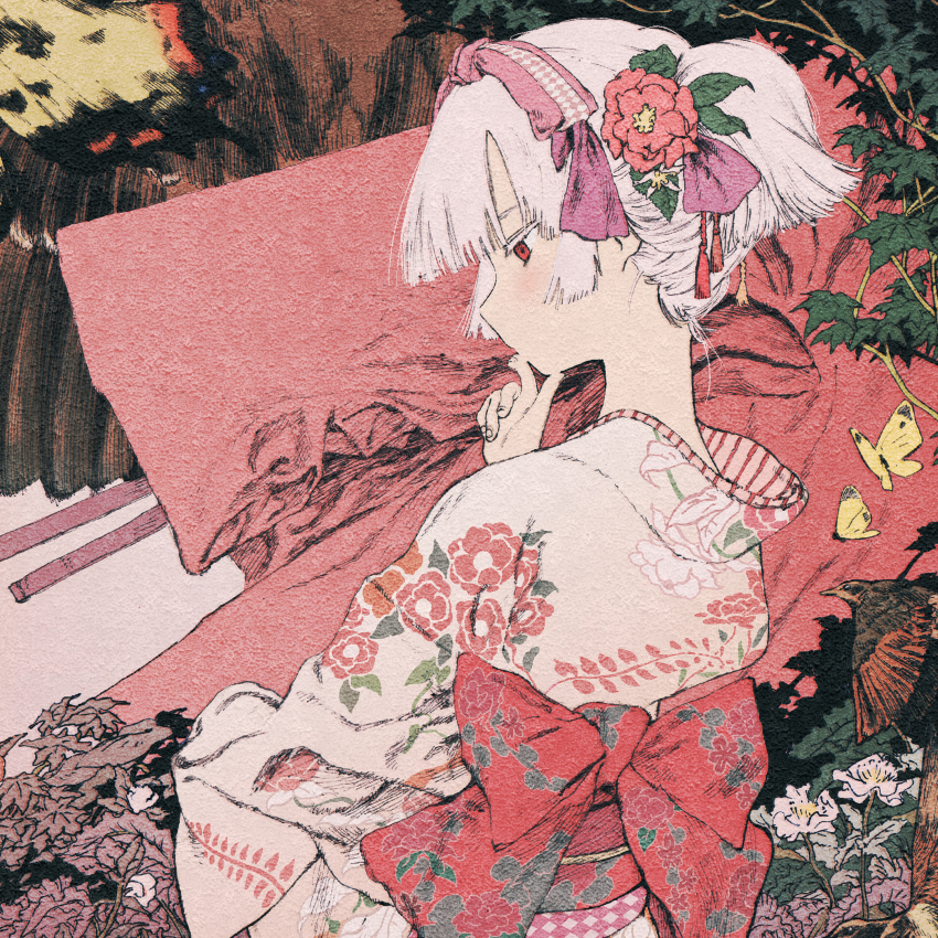 1girl absurdres album_cover bird branch bug butterfly cherry_blossoms commentary_request cover floral_print flower hair_flower hair_ornament hairband hand_on_own_chin highres insect japanese_clothes kanzashi kimono light_blush obi original plant print_kimono profile red_eyes sash short_hair solo uchida_akira_(taaiseee1121) upper_body vines white_hair