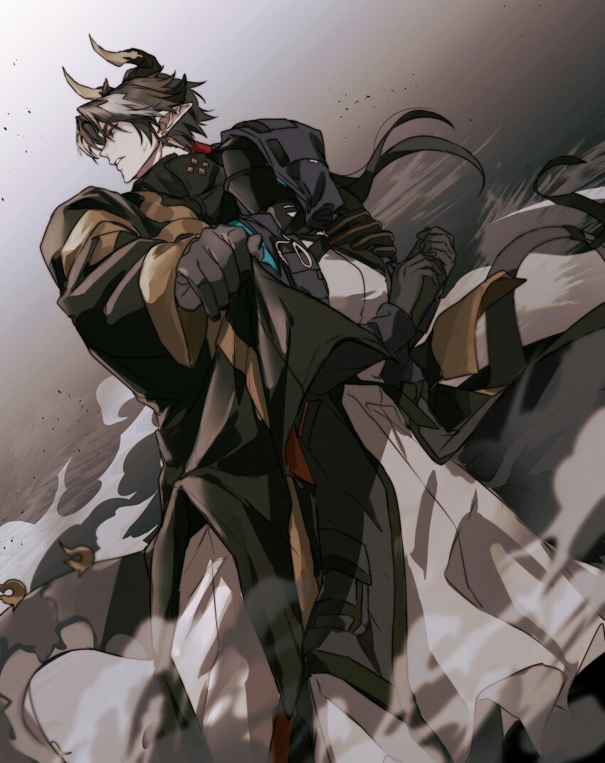 1boy 1girl absurdres arknights black_coat black_hair brown_background chongyue_(arknights) coat debris doctor_(arknights) dragon_boy dragon_horns dragon_tail feet_out_of_frame female_doctor_(arknights) gradient_background highres hood hood_up horns long_hair looking_to_the_side low_ponytail pointy_ears tail walhee221 wind