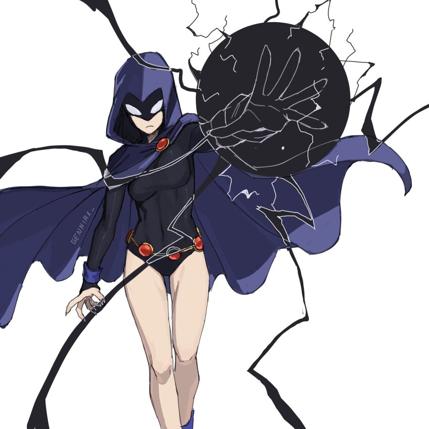 1girl animification black_leotard breasts cloak closed_mouth commentary covered_navel dc_comics english_commentary frown genniax highres hood hood_up leotard looking_at_viewer medium_breasts no_eyes purple_cloak raven_(dc) simple_background sleeved_leotard solo superhero_costume teen_titans umbrakinesis