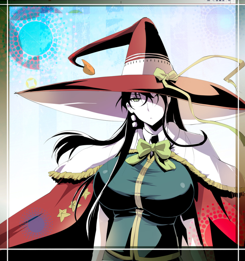 10s 1girl black_hair breasts cape female_focus green_eyes hat_over_one_eye kagari_ayaka large_breasts long_hair looking_at_viewer solo witch_craft_works yunioshi