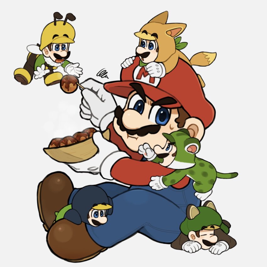 2boys bee_luigi blue_overalls brown_hair cat_luigi facial_hair flying_squirrel_luigi gloves green_shirt hat highres kitsune_luigi luigi male_focus mario mario_(series) mimimi_(mimimim9999) multiple_boys mustache new_super_mario_bros._u nintendo open_mouth overalls penguin_luigi shirt short_hair super_mario_3d_land super_mario_3d_world super_mario_galaxy