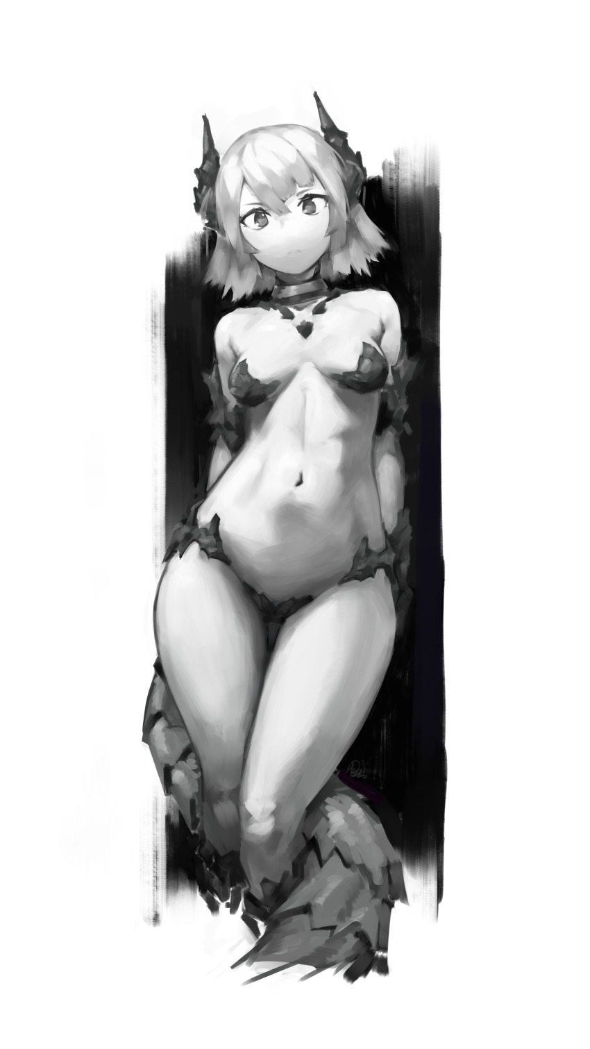 1girl absurdres arms_behind_back breasts choker deel_(rkeg) dragon_girl dragon_horns dragon_tail female_focus greyscale highres horns monochrome original short_hair small_breasts solo tail thighs