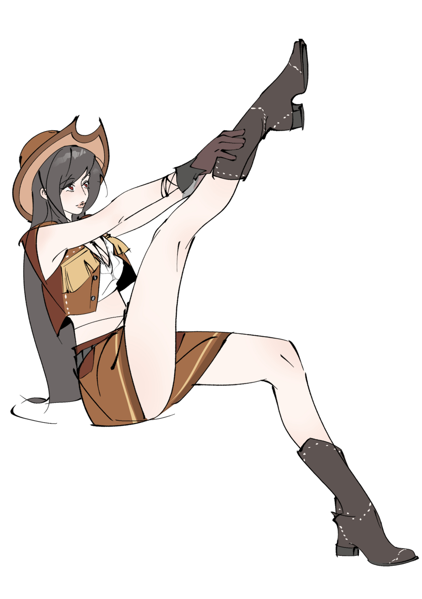 1girl absurdres bare_legs bare_shoulders black_hair boots brown_footwear brown_gloves brown_hat brown_skirt brown_vest chinese_commentary commentary_request cowboy_boots cowboy_hat crisis_core_final_fantasy_vii crop_top final_fantasy final_fantasy_vii final_fantasy_vii_rebirth final_fantasy_vii_remake full_body gloves hat highres invisible_chair leg_up long_hair mianmian741 midriff miniskirt putting_on_footwear red_eyes sitting skirt solo tifa_lockhart tifa_lockhart_(cowgirl) vest white_background