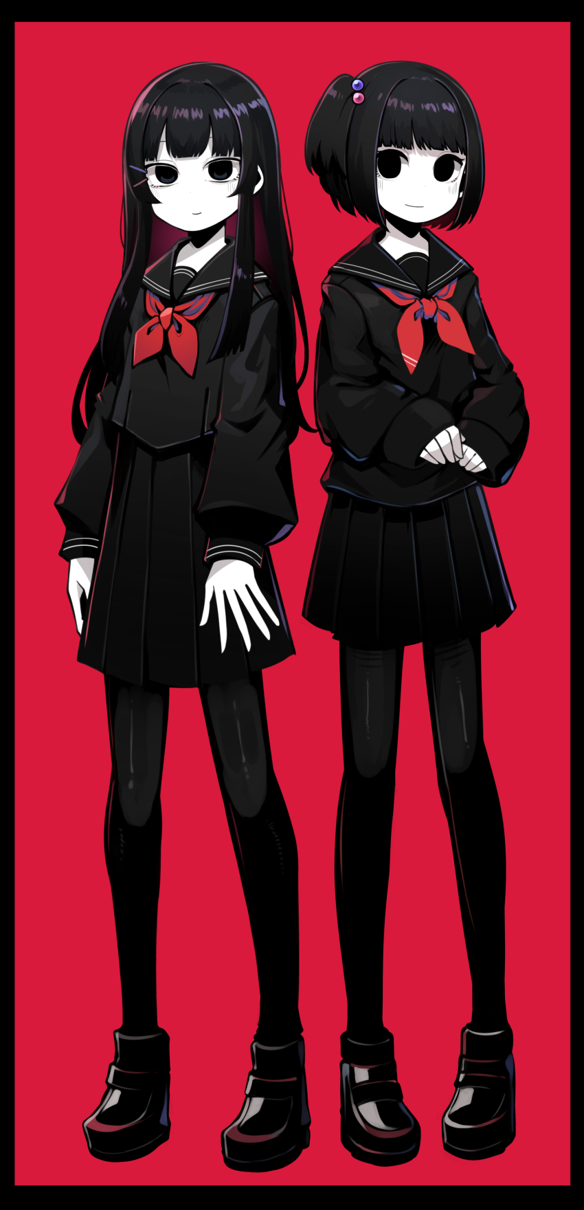 2girls absurdres amemori_sayo black_border black_eyes black_footwear black_hair black_pantyhose black_serafuku bob_cut border closed_mouth colored_skin commentary_request full_body hair_bobbles hair_ornament hairclip hatyuuruinohito highres hime_cut loafers long_hair long_sleeves looking_at_viewer multiple_girls neckerchief nijisanji one_side_up own_hands_together pantyhose pleated_skirt red_background red_neckerchief school_uniform serafuku shoes short_hair sidelocks skirt sleeves_past_wrists smile solid_eyes standing tsukino_mito tsukino_mito_(5th_costume) virtual_youtuber white_skin