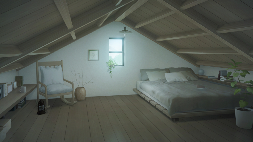 attic bed book chair cup highres mogumogu_(pixiv_88671558) no_humans original picture_frame pillow plant potted_plant scenery window