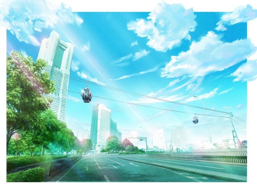 blue_sky border building cable_car cloud commentary_request day ferris_wheel gondola lamppost no_humans original outdoors railing road scenery sky skyscraper sunlight tara_(tara) tree white_border