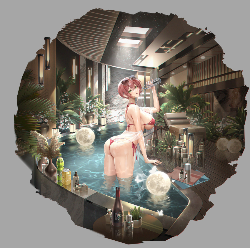 1girl bikini bottle candle d._(ddot2018) glasses_on_head iron_saga partially_submerged plant pool potted_plant red_bikini red_hair solo swimsuit wading water_bottle