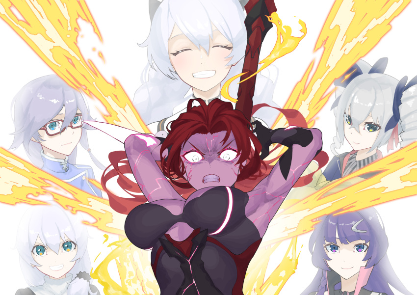 1girl absurdres angry armpits black_leotard breasts bronya_zaychik cleavage fu_hua highres holding holding_sword holding_weapon honkai_(series) honkai_impact_3rd johnny-chan kiana_kaslana kiana_kaslana_(white_comet) large_breasts leotard murata_himeko murata_himeko_(vermillion_knight) raiden_mei red_hair scar scar_on_face sword theresa_apocalypse upper_body weapon white_background