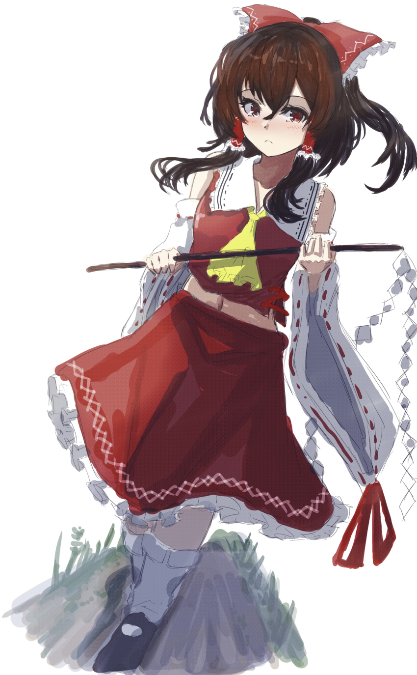 1girl absurdres ascot bare_shoulders blush bow brown_hair detached_sleeves dutch_angle frills gohei hair_bow hakurei_reimu highres holding holding_stick long_hair looking_at_viewer midriff navel red_eyes red_skirt red_vest sketch skirt solo standing stick tazrn1 touhou vest