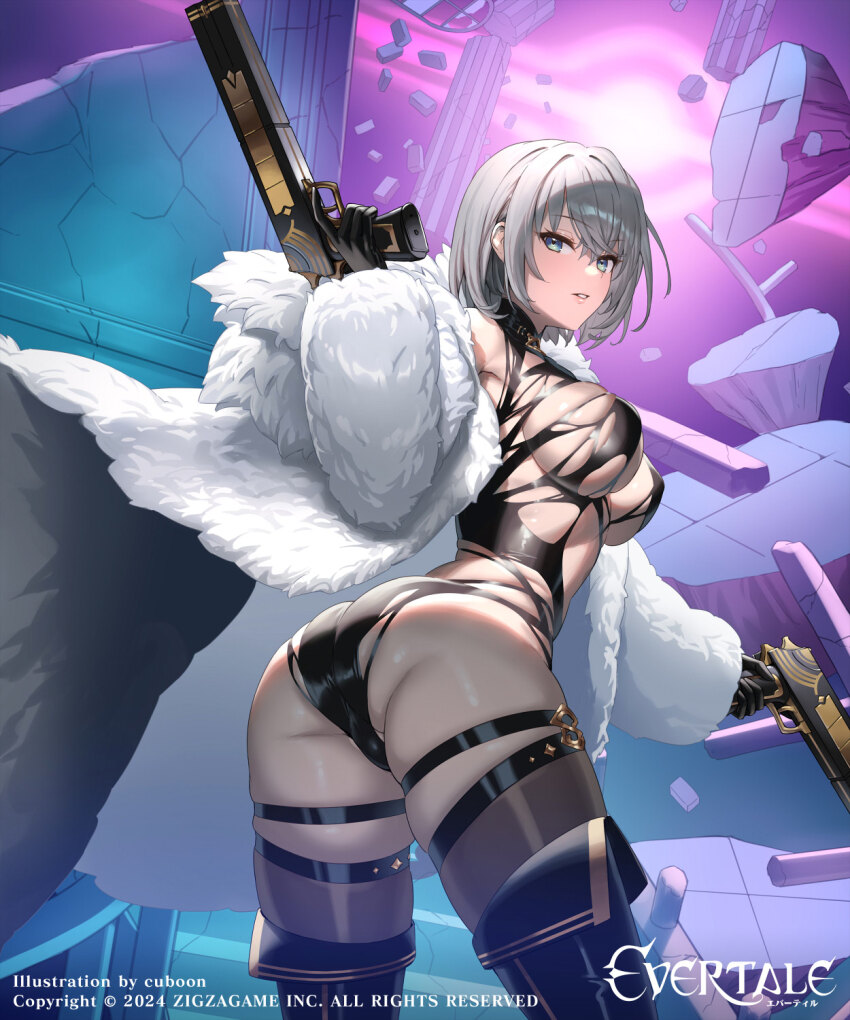 1girl artist_name ass boots breasts coat commentary_request company_name copyright_name cuboon dual_wielding evertale from_behind fur_coat grey_eyes grey_hair gun handgun highleg highleg_leotard highres holding holding_weapon lancelot_(evertale) large_breasts leotard logo long_sleeves looking_at_viewer looking_back official_art parted_lips short_hair solo thigh_boots thighhighs torn_clothes weapon