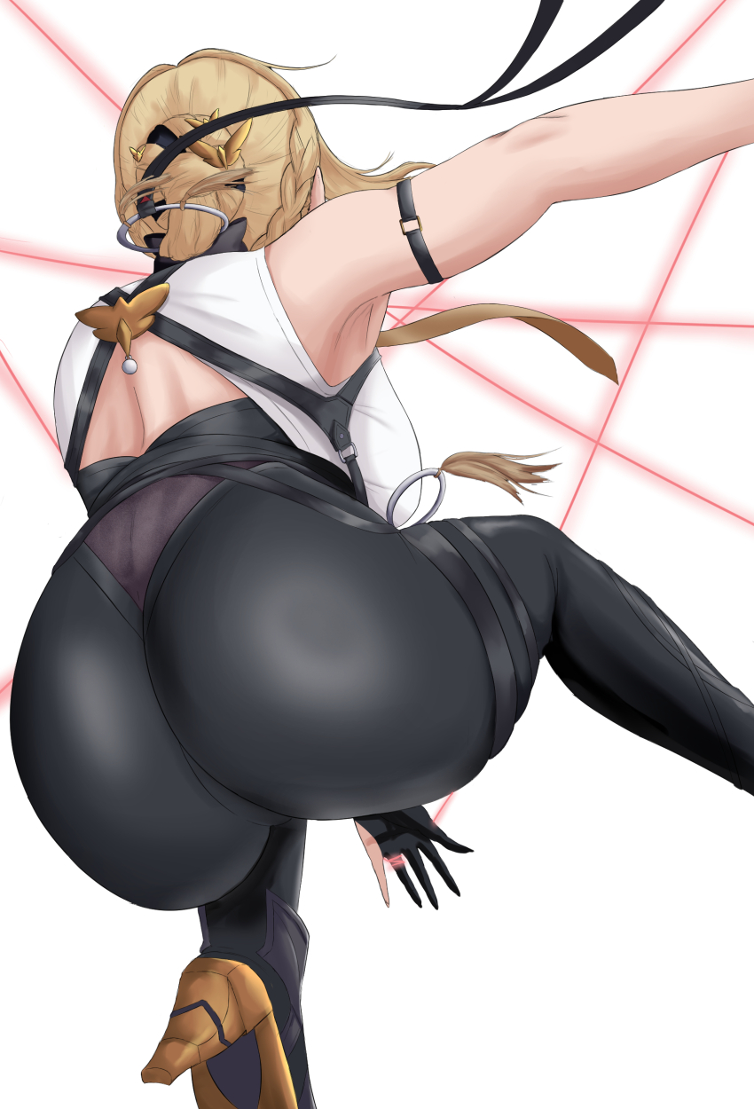 1girl ass ass_focus bare_shoulders blonde_hair bodysuit breasts crouching evelyn_chevalier fingerless_gloves from_behind gloves hair_bun hair_ribbon high_heels huge_ass ireiza large_breasts necktie ribbon short_hair_with_long_locks sideboob skin_tight solo wire zenless_zone_zero