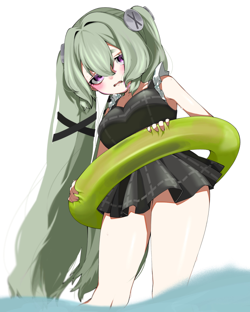 1girl absurdres adapted_costume bare_shoulders black_dress blush breasts commentary_request corin_wickes dress green_hair green_innertube hair_between_eyes hair_intakes highres innertube long_hair looking_at_viewer omochi_(pixiv_73433243) open_mouth partially_submerged pink_eyes screw_hair_ornament short_dress simple_background sleeveless sleeveless_dress small_breasts solo swim_ring twintails very_long_hair water white_background zenless_zone_zero