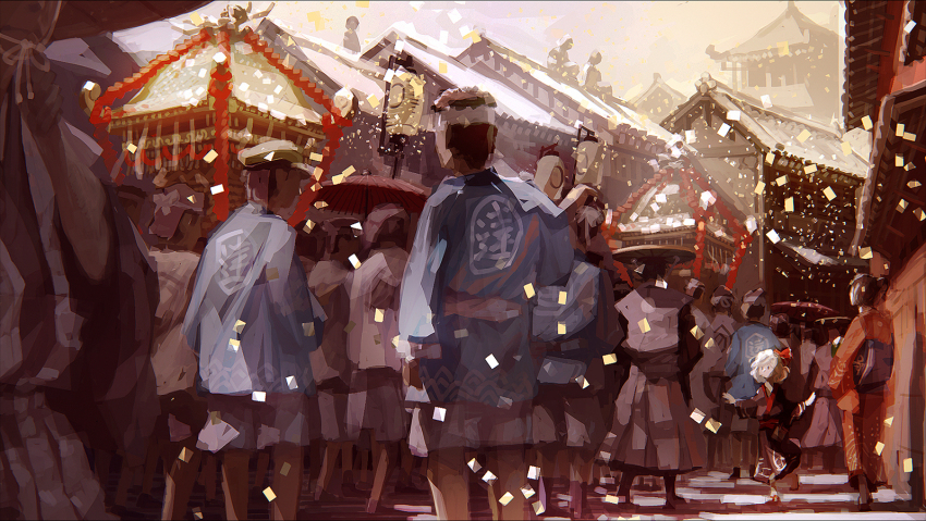 1girl alternate_costume architecture black_kimono blonde_hair blurry bow confetti crowd day depth_of_field east_asian_architecture festival hair_bow japanese_clothes kimono niy_(nenenoa) outstretched_arms people rumia short_hair touhou