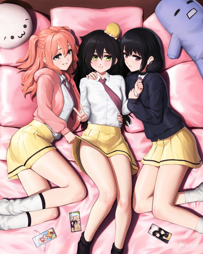 3girls absurdres ankle_socks artist_name bags_under_eyes bed black_hair black_socks black_sweater blush buttons cellphone character_doll closed_mouth clothes_lift collared_shirt commentary dreizerel english_commentary girl_sandwich green_eyes hair_between_eyes hand_on_another&#039;s_shoulder highres holding_another&#039;s_wrist hood hood_down hooded_jacket jacket katou_asuka kuroki_tomoko lifting_another&#039;s_clothes long_hair long_sleeves looking_at_viewer loose_socks low_twintails lying miniskirt multiple_girls necktie nemoto_hina okada_akane on_back on_bed on_side open_clothes open_jacket phone pillow pink_hair pink_jacket pleated_skirt purple_eyes purple_necktie sandwiched school_uniform shirt shirt_tucked_in shoboon skirt skirt_lift smartphone socks stuffed_toy sweater tamura_yuri twintails two_side_up uchi_emiri very_long_hair watashi_ga_motenai_no_wa_dou_kangaetemo_omaera_ga_warui! watermark white_shirt white_socks yellow_skirt yuri