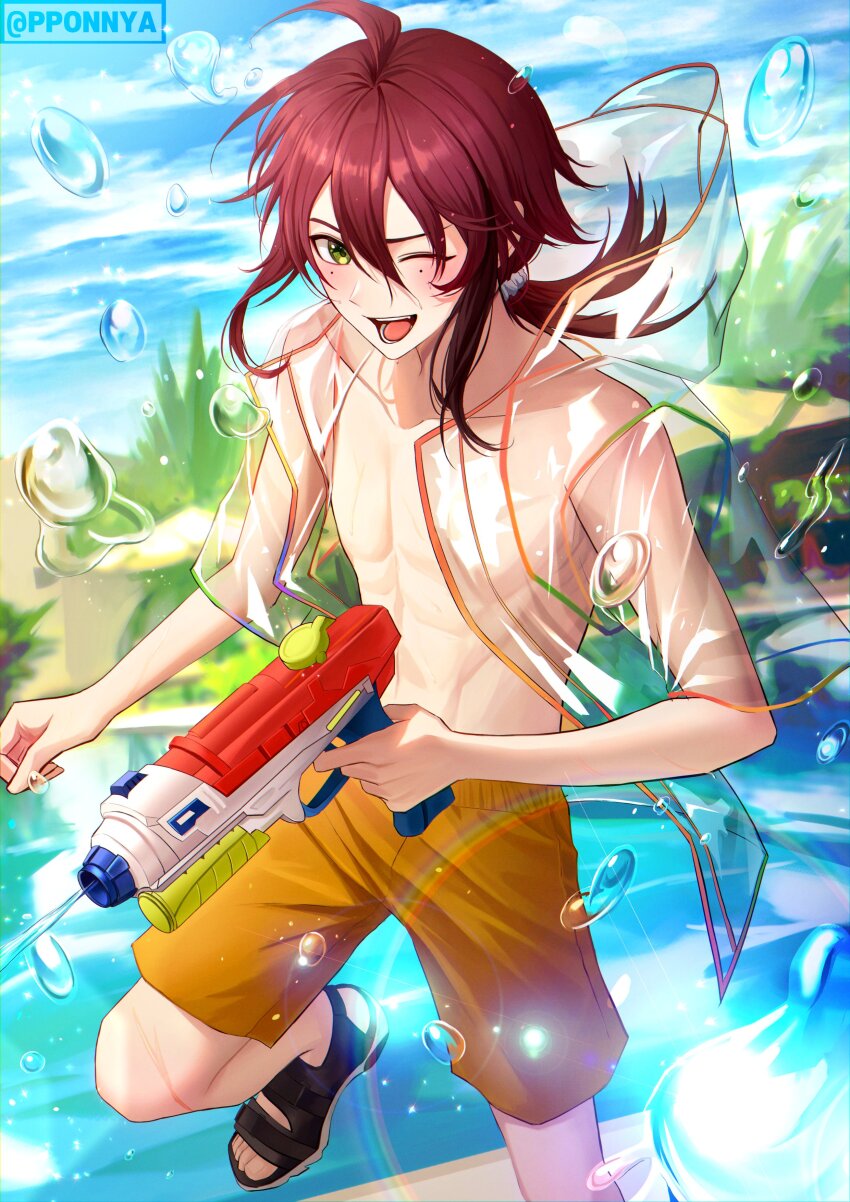 absurdres dark_red_hair genshin_impact green_eyes hair_between_eyes highres jacket long_hair male_focus male_swimwear mole mole_under_each_eye mole_under_eye multicolored_hair multiple_moles muscular muscular_male one_eye_closed open_mouth ponytail pool pponnya red_hair shikanoin_heizou smile solo streaked_hair swim_trunks tongue topless_male water_gun yellow_male_swimwear