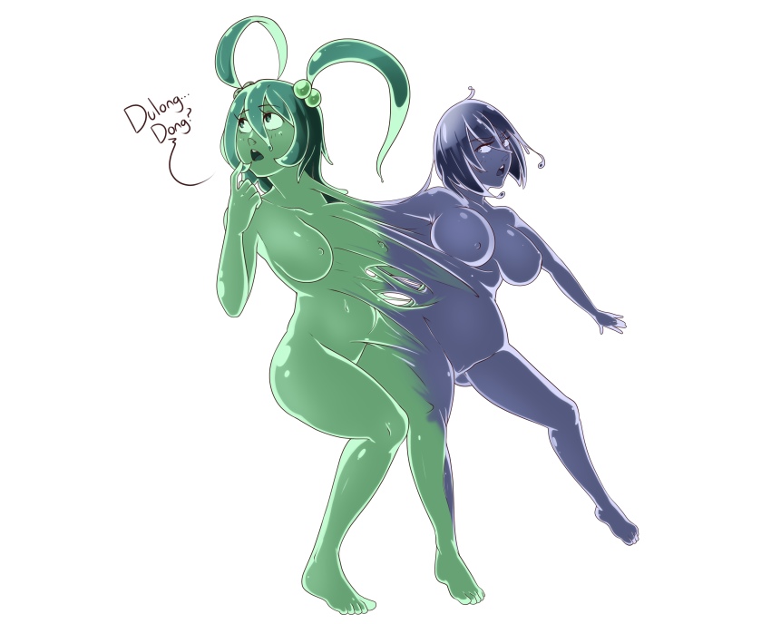 absurdres blue_hair blue_skin borrowed_character breasts colored_skin conjoined dulee_(doodledowd) finger_to_mouth fusion green_hair green_skin highres idolmonkeh large_breasts merging_bodies monster_girl nipples open_mouth slime_girl twintails