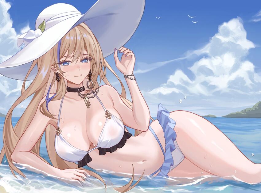 1girl bare_arms bare_shoulders bikini black_choker blonde_hair blue_eyes blue_hair blue_sky breasts chinoa choker cloud commentary commission day earrings feet_out_of_frame hand_up hat highres honkai:_star_rail honkai_(series) jewelry large_breasts long_hair looking_at_viewer lying multicolored_hair navel on_side second-party_source serval_landau skeb_commission sky smile solo stomach streaked_hair swimsuit thighs very_long_hair water white_bikini white_hat