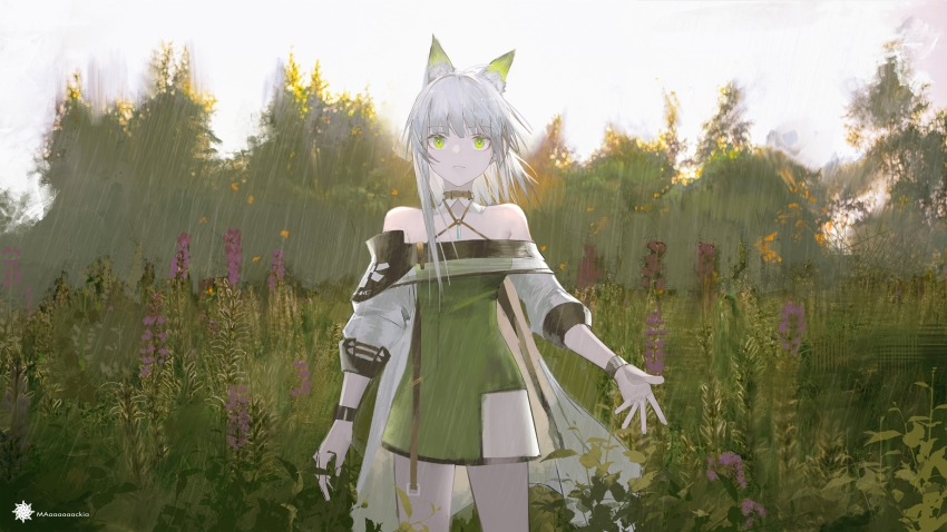 1girl absurdres animal_ear_fluff animal_ears arknights bare_shoulders bracelet cat_ears cat_girl closed_mouth commentary_request day dress grass green_dress green_eyes green_hair highres jewelry kal&#039;tsit_(arknights) looking_at_viewer mackia multiple_rings off-shoulder_dress off-shoulder_jacket off_shoulder outdoors ring scenery solo standing tree white_hair