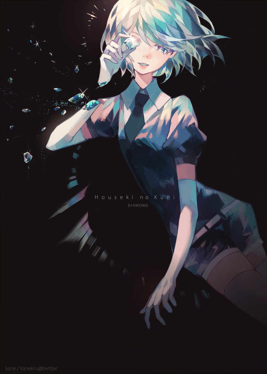 1other absurdres amputee androgynous black_necktie black_shorts cowboy_shot crystal_hair diamond_(houseki_no_kuni) disembodied_hand elbow_gloves gem_uniform_(houseki_no_kuni) gloves highres houseki_no_kuni kaneblob necktie one_eye_covered shards shorts solo