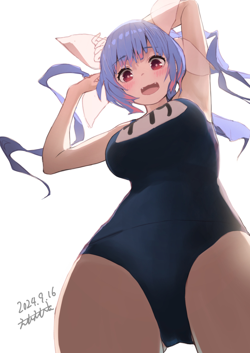 1girl blue_hair blush breasts dated fangs flower-shaped_pupils from_below gluteal_fold hair_ornament hair_ribbon highres i-19_(kancolle) kantai_collection large_breasts long_hair looking_at_viewer looking_down mmk_(majinai_no_mori) name_tag one-piece_swimsuit open_mouth red_eyes ribbon school_swimsuit shirt signature simple_background smile solo swimsuit symbol-shaped_pupils tri_tails twintails white_shirt