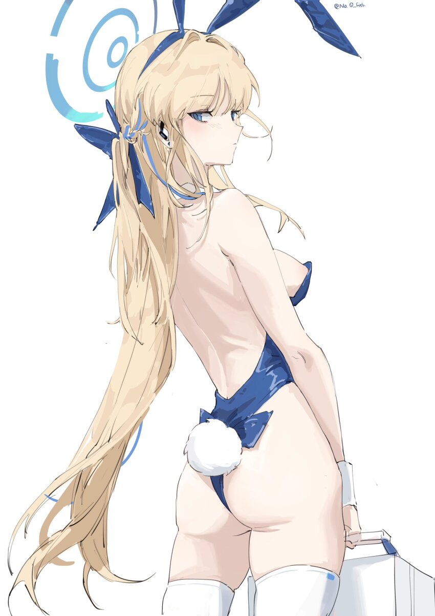 1girl animal_ears blue_archive blue_hairband blue_halo blue_leotard earpiece fake_animal_ears fake_tail hairband halo highres leotard no.0_fish official_alternate_costume playboy_bunny rabbit_ears rabbit_tail solo strapless strapless_leotard tail toki_(blue_archive) toki_(bunny)_(blue_archive) white_wrist_cuffs wrist_cuffs