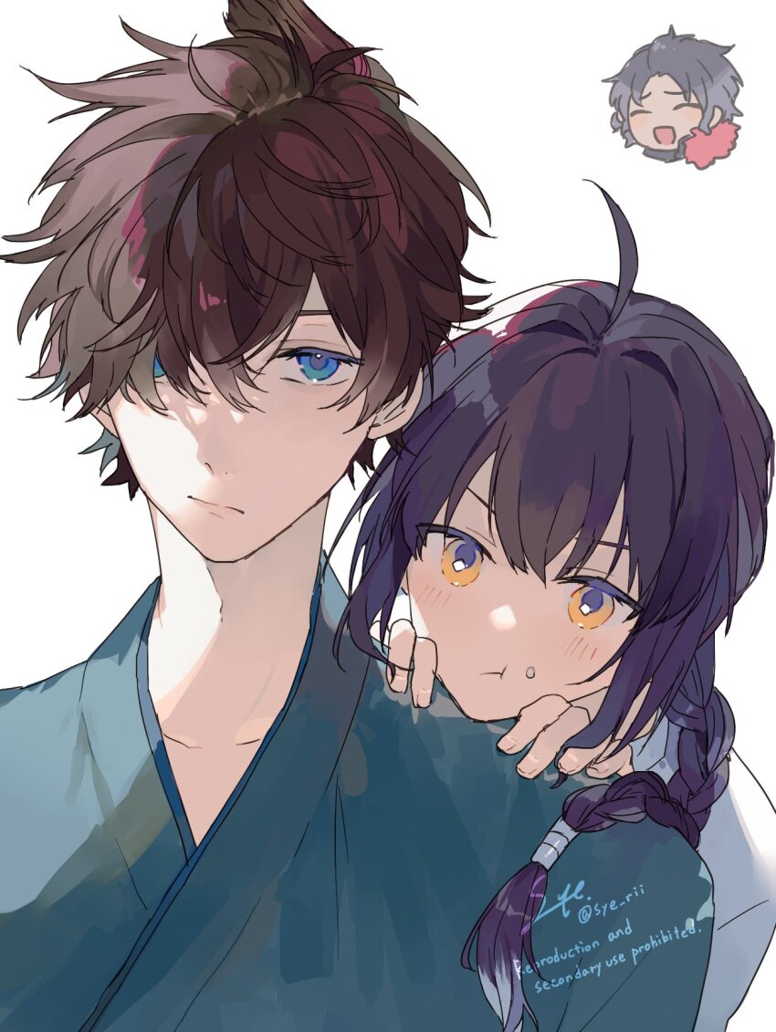 1other 2boys :t ahoge androgynous bartholomew_roberts_(fate) black_hair blue_eyes blue_kimono blush braid braided_ponytail chibi chibi_inset fate/grand_order fate/samurai_remnant fate_(series) food food_on_face hair_over_one_eye hands_on_another&#039;s_shoulders head_on_another&#039;s_shoulder highres japanese_clothes kimono leaning_on_person long_hair looking_at_viewer miyamoto_iori_(fate) multiple_boys orange_eyes short_hair sidelocks simple_background single_braid syerii topknot upper_body white_background white_kimono yamato_takeru_(fate)