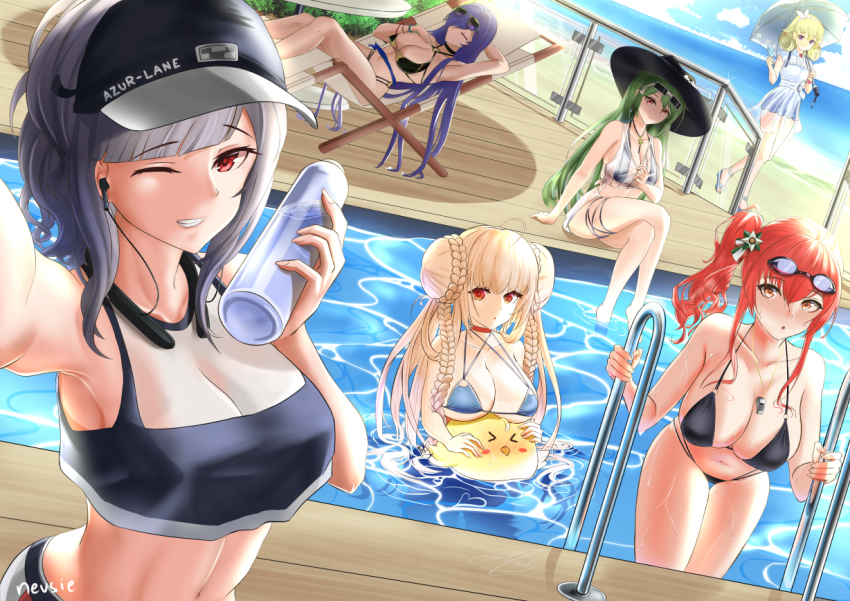 6+girls ahoge alternate_costume azur_lane bare_shoulders baseball_cap between_breasts bikini black_bikini black_headwear blonde_hair blue_bikini blunt_bangs blush bottle braid breasts carabiniere_(azur_lane) carabiniere_(refreshing_sundress)_(azur_lane) choker cleavage closed_eyes closed_mouth collarbone commentary crop_top crop_top_overhang day double_bun dress earphones english_commentary eyewear_on_head food formidable_(azur_lane) formidable_(the_lady_of_the_beach)_(azur_lane) giulio_cesare_(azur_lane) giulio_cesare_(fitness_master)_(azur_lane) goggles goggles_on_head green_hair grey_hair hair_between_eyes hair_bun hair_ornament hair_over_one_eye hairband hand_on_own_chest hat holding holding_bottle ice_cream large_breasts leaning_forward littorio_(azur_lane) littorio_(the_glory_of_naples)_(azur_lane) long_hair looking_at_viewer lying manjuu_(azur_lane) multiple_girls navel nev_(nevblindarts) nose_blush o-ring o-ring_bikini on_back one_eye_closed open_mouth outdoors outstretched_arm parted_lips pool purple_eyes purple_hair red_eyes red_hair see-through_clothes selfie short_hair side_ponytail sidelocks signature sitting sky smile standing sun_hat sunglasses swimsuit teeth trento_(azur_lane) trento_(summer&#039;s_hotness?)_(azur_lane) very_long_hair water_bottle wavy_hair wet white_dress zara_(azur_lane) zara_(poolside_coincidence)_(azur_lane)