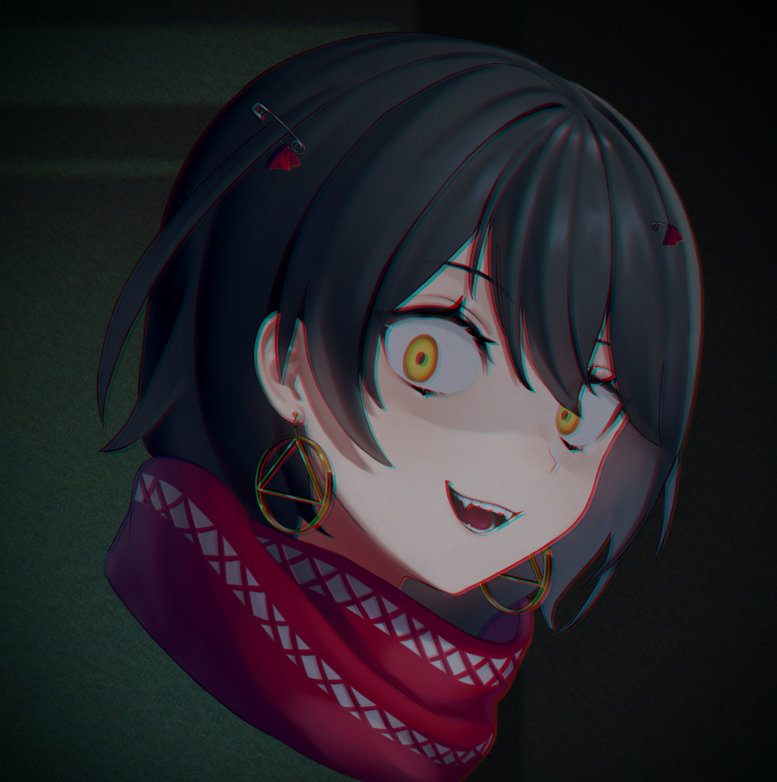 1girl chromatic_aberration earrings fang film_grain hair_between_eyes highres jewelry looking_at_viewer male_focus mashiro_meme mashiro_meme_(1st_costume) nijisanji okazaki_sato open_mouth portrait red_scarf scarf solo teeth upper_body virtual_youtuber wide-eyed yellow_eyes