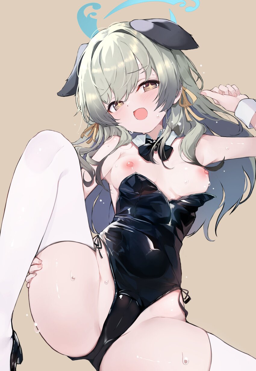 +_+ 1girl absurdres animal_ears bare_shoulders black_bow black_bowtie black_leotard blue_archive blue_halo blush bow bowtie breasts breasts_out brown_background cross-shaped_pupils detached_collar dog_ears dog_girl green_hair hair_intakes halo highleg highleg_leotard highres knee_up leotard long_hair looking_at_viewer medium_breasts nipples open_mouth paid_reward_available red_eyes side-tie_leotard simple_background solo sparkling_eyes strapless strapless_leotard sweat symbol-shaped_pupils teranekosu thighhighs thighs umika_(blue_archive) white_thighhighs white_wrist_cuffs wrist_cuffs