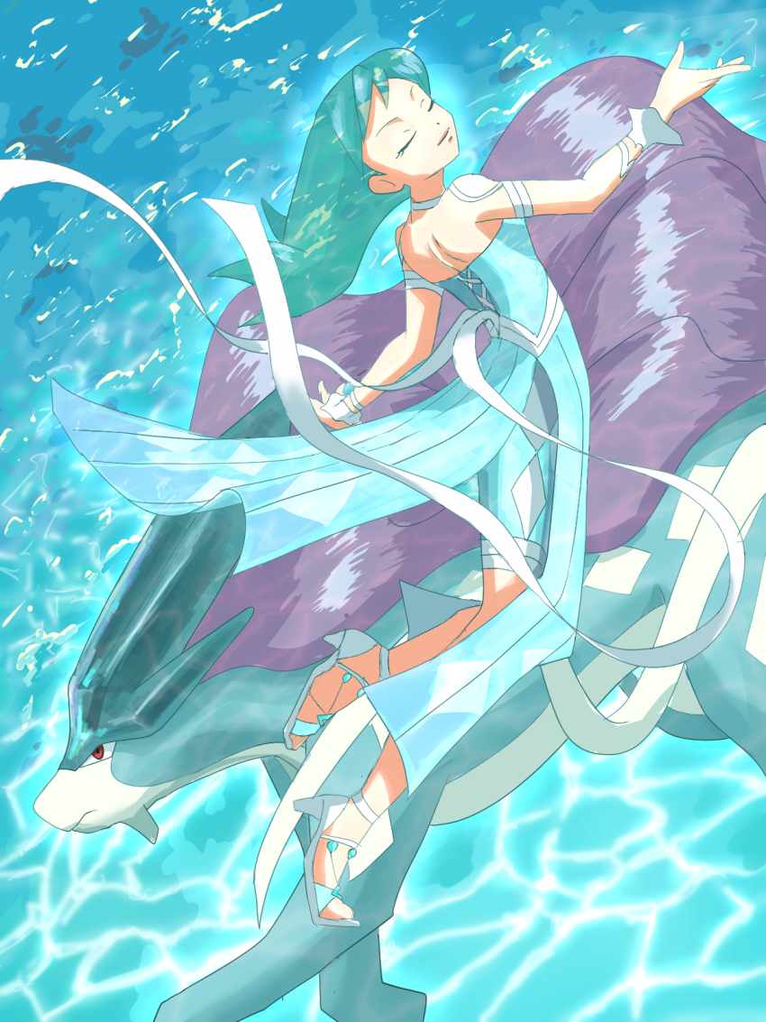 1girl blue_dress closed_eyes creatures_(company) dress engawa1001 feet game_freak gen_2_pokemon green_hair halter_dress halterneck high_heel_sandals high_heels highres kris_(pokemon) kris_(sygna_suit)_(pokemon) legendary_pokemon medium_hair nintendo official_alternate_costume pokemon pokemon_(creature) pokemon_masters_ex red_eyes sandals shorts_under_dress suicune wrist_cuffs