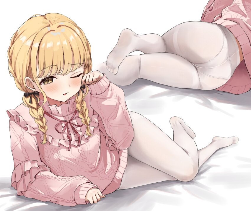 1girl absurdres ass black_bow blonde_hair bow braid from_behind fujita_kotone gakuen_idolmaster hair_bow highres idolmaster long_hair long_sleeves looking_at_viewer minazuki_(uraha246) multiple_views no_pants one_eye_closed panties panties_under_pantyhose pantyhose parted_lips pink_sweater simple_background sweater twin_braids underwear white_background white_panties white_pantyhose yellow_eyes