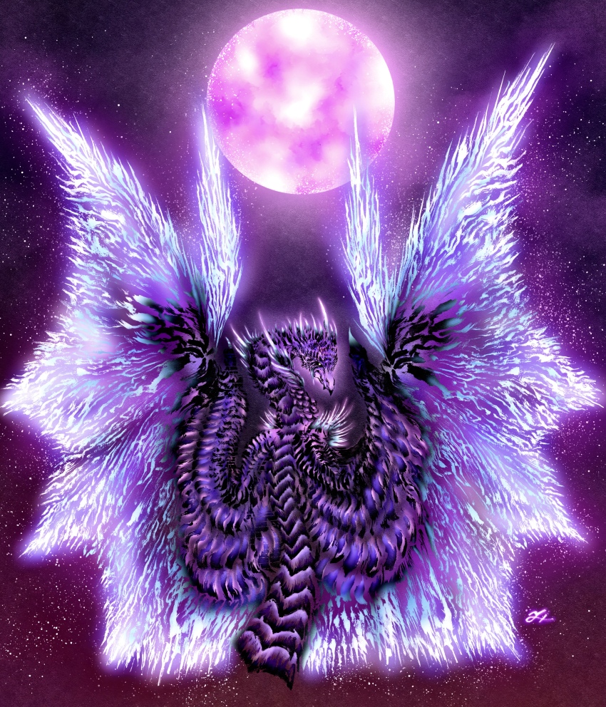 absurdres back closed_mouth deadpool_yuchan dragon dragon_wings frost full_moon gradient_background highres horns ice icicle looking_at_viewer looking_back monster monster_focus monster_hunter_(series) moon no_humans scales signature solo spikes spread_wings velkhana western_dragon wings yellow_eyes