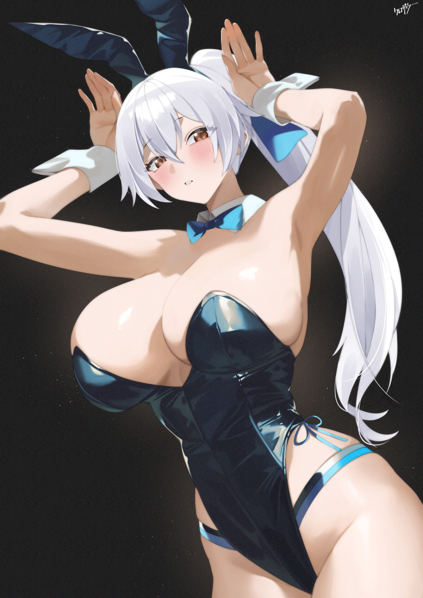 1girl absurdres animal_ears armpits arms_up bare_shoulders black_background black_leotard blush bow bowtie breasts brown_eyes cleavage detached_collar fake_animal_ears fate/grand_order fate_(series) hair_between_eyes highleg highleg_leotard highres kurozawa_yui large_breasts leotard long_hair looking_at_viewer playboy_bunny ponytail rabbit_ears rabbit_pose sidelocks simple_background solo tomoe_gozen_(fate) white_hair wrist_cuffs