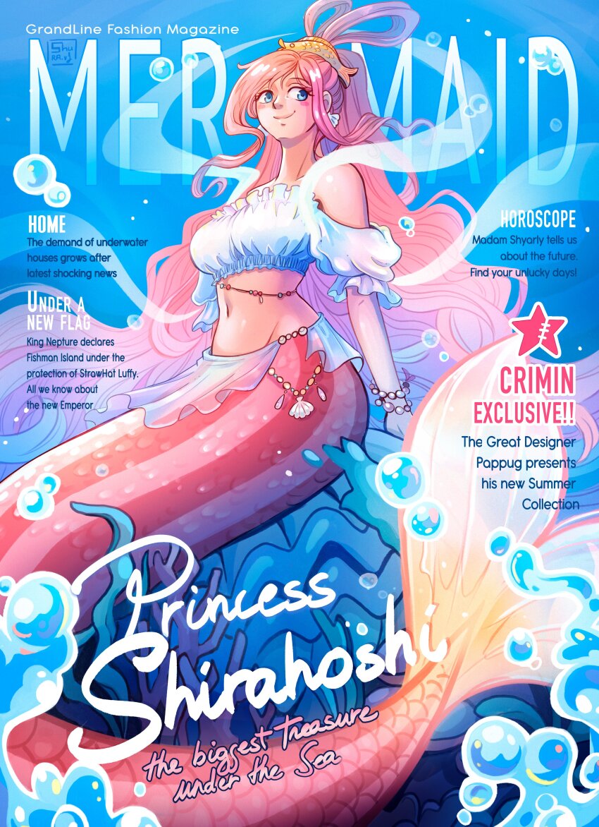 1girl absurdres blue_eyes blush_stickers bracelet breasts bubble character_name commentary coral cover earrings english_commentary english_text fake_magazine_cover fish_hair_ornament giant giantess hagoromo hair_ornament half_updo highres jewelry large_breasts long_hair looking_to_the_side magazine_cover mermaid monster_girl navel one_piece pink_hair shawl shell shell_earrings shirahoshi shuravf sidelocks smile solo underwater very_long_hair