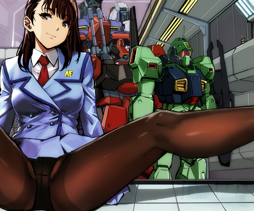 1girl aeug anaheim_electronics arm_shield assault_visor black_pantyhose blue_jacket blue_skirt breasts brown_eyes brown_hair closed_mouth collared_shirt commentary dress_shirt foot_out_of_frame green_eyes gundam jacket kamisimo_90 lapel_pin lapels legs long_hair looking_at_viewer mecha medium_breasts mobile_suit necktie nemo_(mobile_suit) one-eyed orange_visor panties panties_under_pantyhose pantyhose pleated_skirt radio_antenna red_necktie rick_dias robot science_fiction shield shirt skirt smile spacecraft_interior spread_legs suit_jacket thighband_pantyhose underwear white_shirt zeta_gundam zeta_gundam_(mobile_suit)