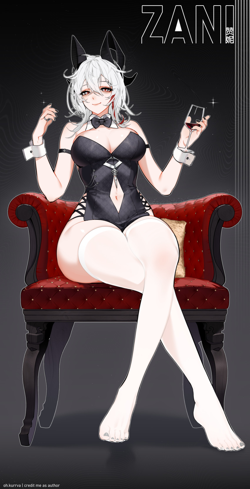 1girl absurdres arm_strap bare_shoulders black_background black_eyes black_horns black_leotard black_nails breasts character_name closed_mouth clothing_cutout commentary crossed_legs cup curled_horns drinking_glass english_commentary feet hair_between_eyes highres holding holding_cup horns large_breasts large_variant_set legs leotard looking_at_viewer medium_hair multicolored_hair nail_polish navel no_shoes ohkurrva smile solo stomach_cutout streaked_hair thighhighs toenail_polish toenails toes variant_set white_thighhighs white_wrist_cuffs wine_glass wrist_cuffs wuthering_waves zani_(wuthering_waves)