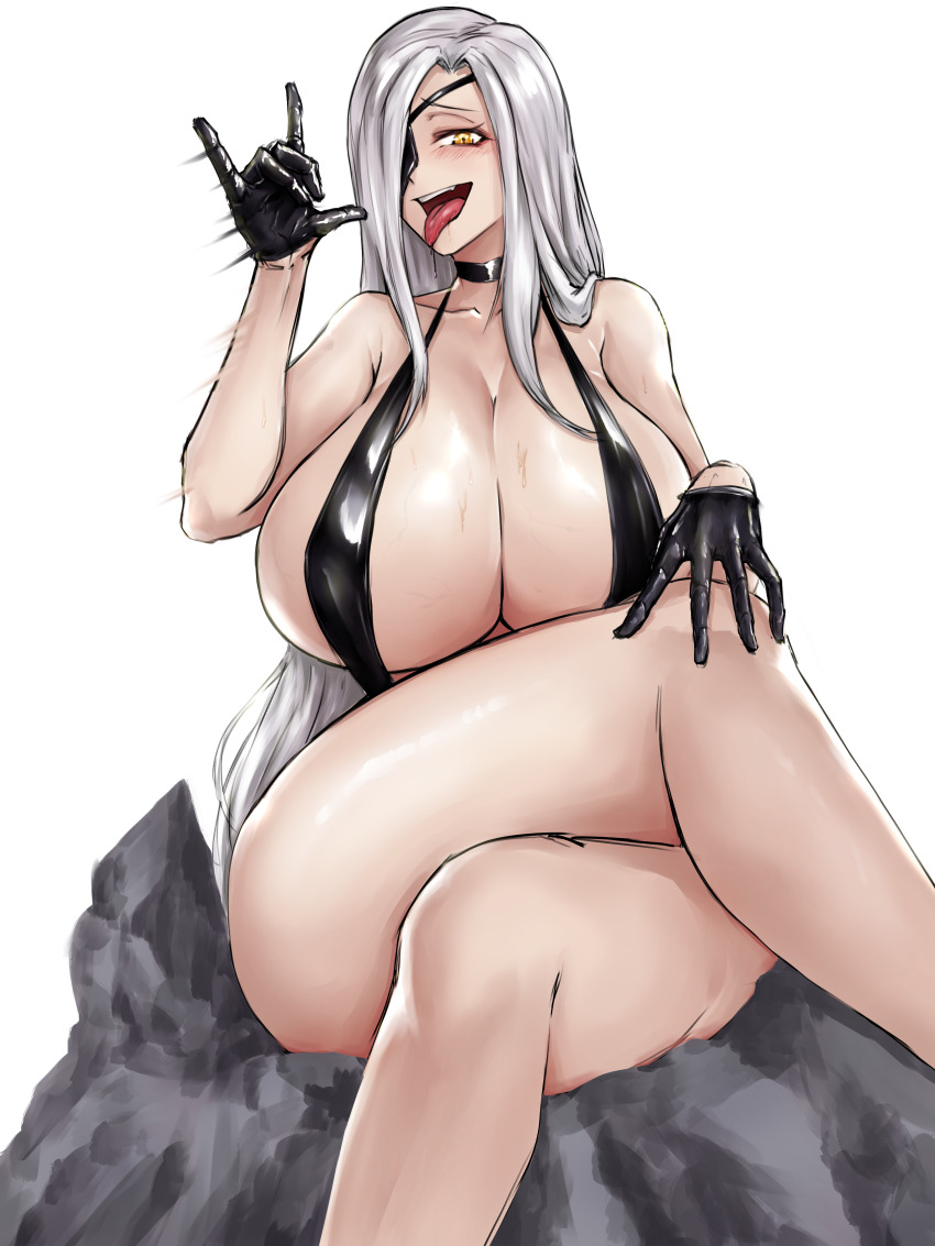 1girl absurdres alchemist_(girls&#039;_frontline) breasts eyepatch fellatio_gesture girls&#039;_frontline highres huge_breasts long_hair sangvis_ferri slingshot_swimsuit solo swimsuit thighs very_long_hair white_hair yellow_eyes zer0.zer0