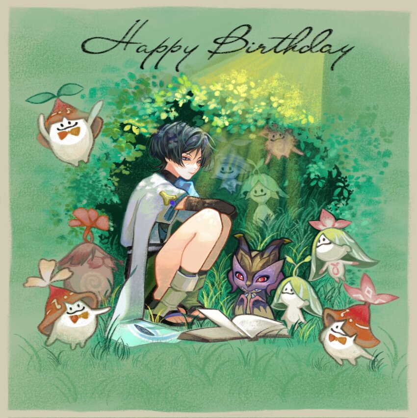 1boy aranara_(genshin_impact) arm_on_knee belt black_bodysuit black_bridal_gauntlets black_eyes black_footwear black_hair black_leggings black_shorts blue_kimono blue_sleeves bodysuit book border bridal_gauntlets bush closed_mouth creature dragon furisode genshin_impact grass han&#039;eri happy_birthday highres japanese_clothes kimono knees_up layered_kimono layered_sleeves leg_warmers leggings looking_at_animal looking_down male_focus mini_durin_(genshin_impact) open_book open_clothes open_kimono purple_belt sandals scaramouche_(genshin_impact) short_sleeves shorts small_dragon smile squatting toeless_footwear toeless_legwear toes tsurime wanderer_(genshin_impact) white_border white_kimono white_leg_warmers white_sleeves yourlocalwalnut zouri