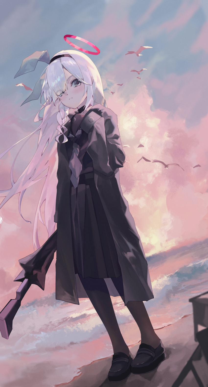 1569847238 1girl absurdres bird black_choker black_coat black_eyes black_hairband black_sailor_collar black_serafuku blue_archive braid choker coat hair_over_one_eye hairband halo highres long_hair long_sleeves neckerchief ocean pink_halo plana_(blue_archive) ribbon sailor_collar school_uniform seagull serafuku single_braid skirt solo umbrella_gun white_hair white_ribbon