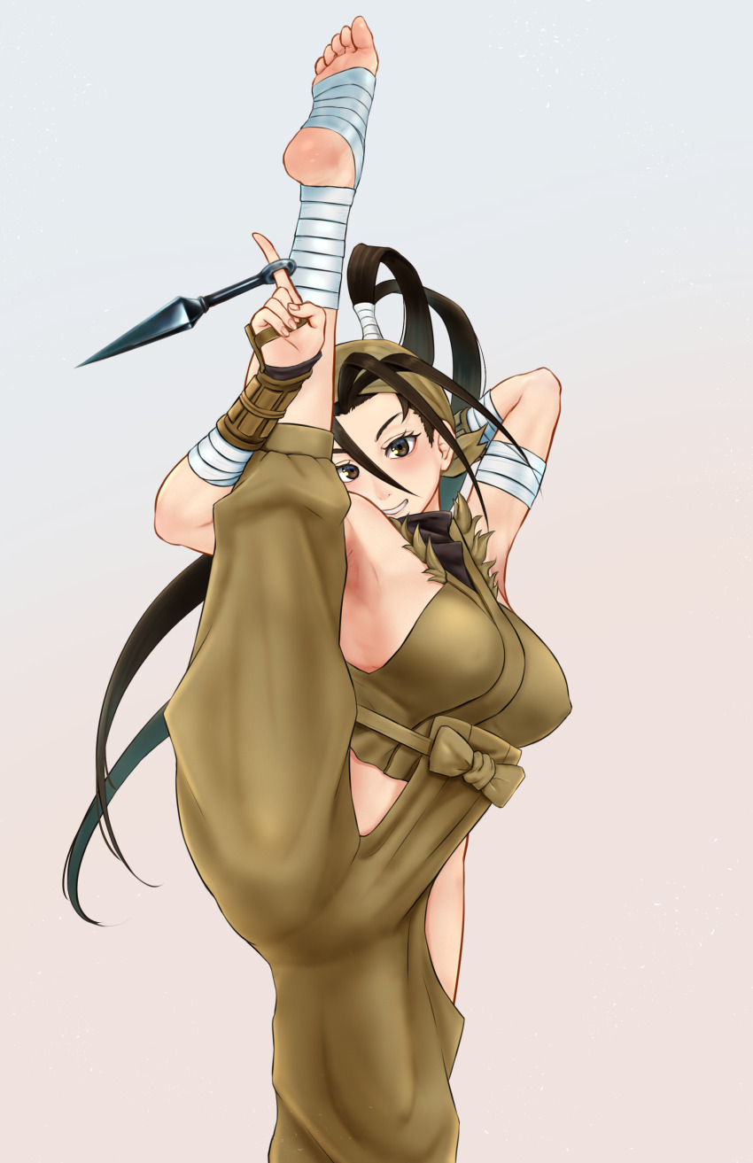 1girl absurdres bandages black_eyes black_hair feet grin high_ponytail highres ibuki_(street_fighter) kunai kunoichi leg_up light_blush long_hair looking_at_viewer smile soles street_fighter toes wangxiang_qingnian weapon