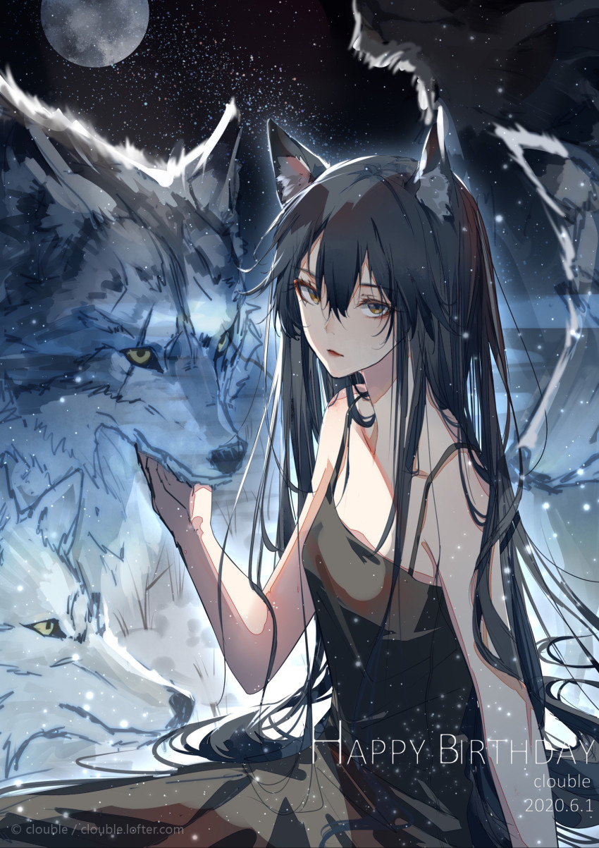 1girl animal animal_ear_fluff animal_ears arknights artist_name bare_shoulders black_dress black_hair chinese_commentary clouble commentary_request dated dress english_text hair_between_eyes happy_birthday highres long_hair looking_at_viewer moon parted_lips petting scar scar_across_eye scar_on_face sky solo star_(sky) starry_sky texas_(arknights) wolf wolf_ears wolf_girl