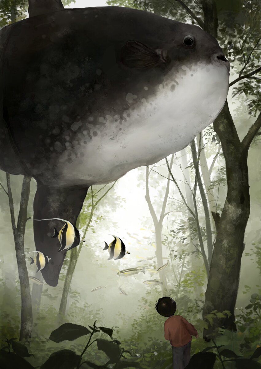 1boy black_hair branch butterflyfish child fins fish flying_fish forest highres illustrator_kota long_sleeves nature ocean_sunfish original outdoors pants plant shirt short_hair solo surreal tree wide_shot