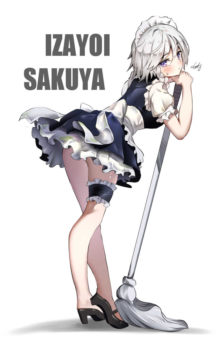 1girl black_footwear character_name derivative_work full_body high_heels highres holding holding_mop izayoi_sakuya leaning_forward looking_at_viewer maid maid_headdress mop purple_eyes simple_background solo sweatdrop touhou white_background white_hair ycl_060