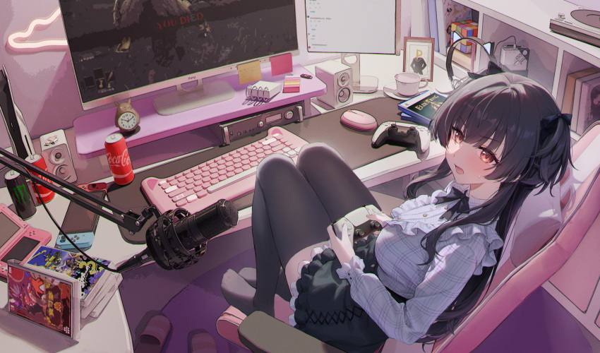 1girl :o absurdres black_hair black_ribbon black_skirt black_thighhighs blush breasts coca-cola computer_keyboard computer_mouse controller dark_souls_(series) elden_ring game_console game_controller grey_shirt hair_ribbon handheld_game_console highres holding holding_controller holding_game_controller idolmaster idolmaster_shiny_colors indoors ku_qiao_kujo long_sleeves looking_at_viewer looking_to_the_side mayuzumi_fuyuko medium_breasts microphone monitor monster_energy nintendo_3ds nintendo_switch on_chair p-head_producer photo_(object) playing_games playstation_5 producer_(idolmaster) ribbon shirt sitting skirt slippers solo sweatdrop thighhighs totoro two_side_up unworn_slippers wireless_keyboard wireless_mouse