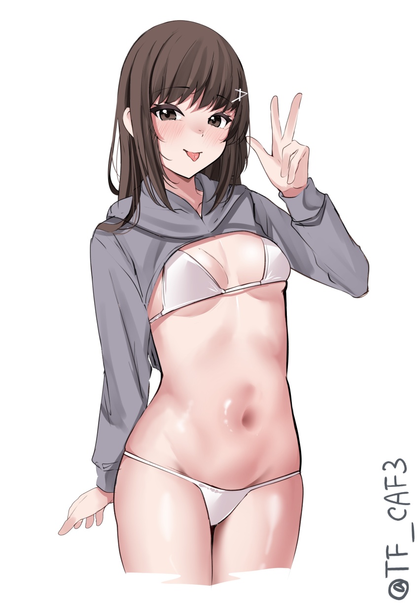 1girl :p absurdres bikini black_hair breasts brown_eyes clothes_lift cowboy_shot hayashio_(kancolle) highres hood hooded_jacket jacket jacket_lift kantai_collection long_hair looking_at_viewer mole mole_under_eye navel small_breasts smile solo swimsuit tf_cafe tongue tongue_out twitter_username v white_background white_bikini