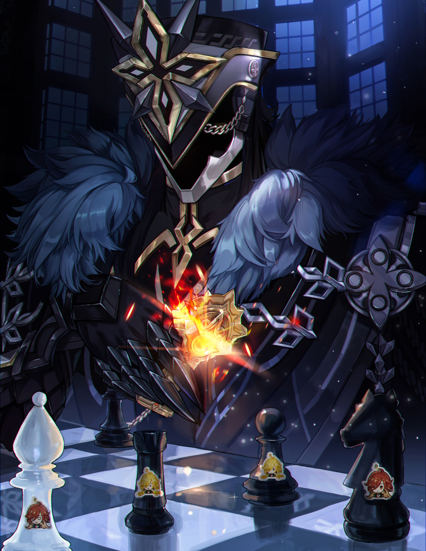 1boy bishop_(chess) black_helmet capitano_(genshin_impact) chess_piece chessboard coat faceless faceless_male fur-trimmed_coat fur_trim genshin_impact hashtag-only_commentary helmet highres knight_(chess) male_focus mask mavuika_(genshin_impact) night night_sky pawn_(chess) rook_(chess) sky spiked_helmet sticker veryslow_zzzpin window