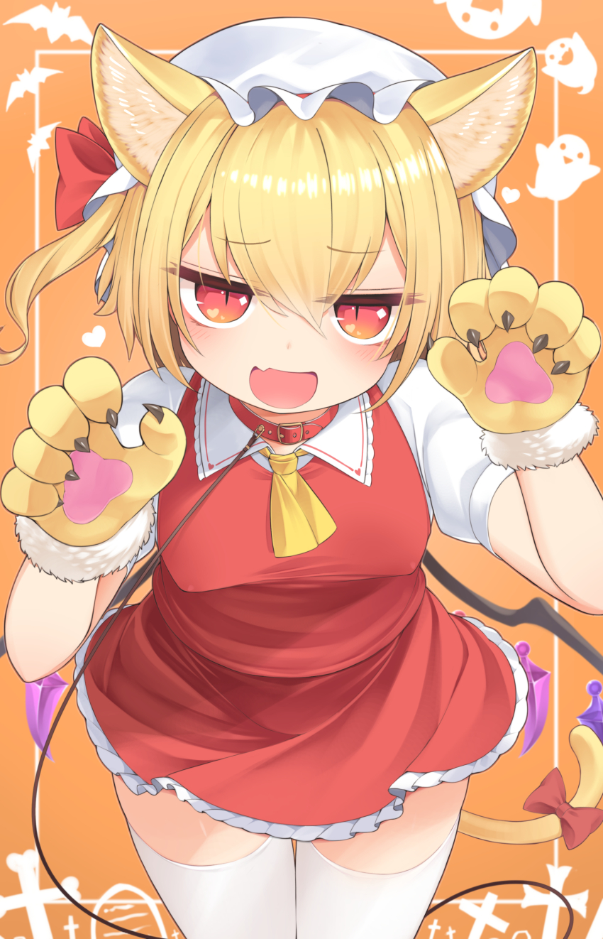 1girl :d absurdres animal_ears animal_hands ascot blonde_hair blush collar covered_erect_nipples dress fang flandre_scarlet gloves halloween harunoha hat highres kemonomimi_mode leash looking_at_viewer mob_cap open_mouth orange_background paw_gloves paw_pose red_collar red_dress red_eyes short_dress short_sleeves skin_fang smile solo thighhighs touhou white_thighhighs yellow_ascot